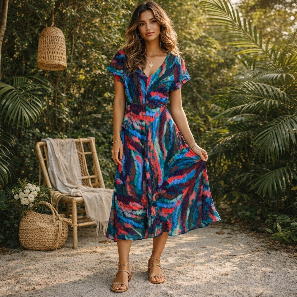 Soft Surroundings Midi Dress Women PL Multicolor Tie Dye Artsy Boho Psychedelic